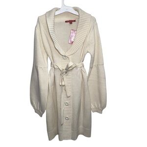 JJ Basics Wool Blend Knitted Sweater Dress Cardigan Belted Puffy Long Sleeves